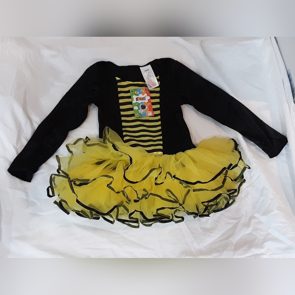 Kids4-6y Black & Yellow Long Sleeved Velour Dress W/Black Laced Yellow Tutu C219